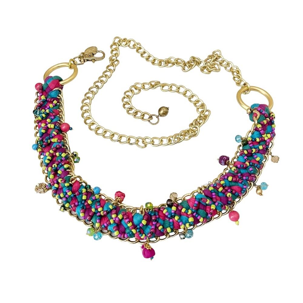 Chico’s Braided Fabric Beaded Gold-Tone Metal Chain Belt